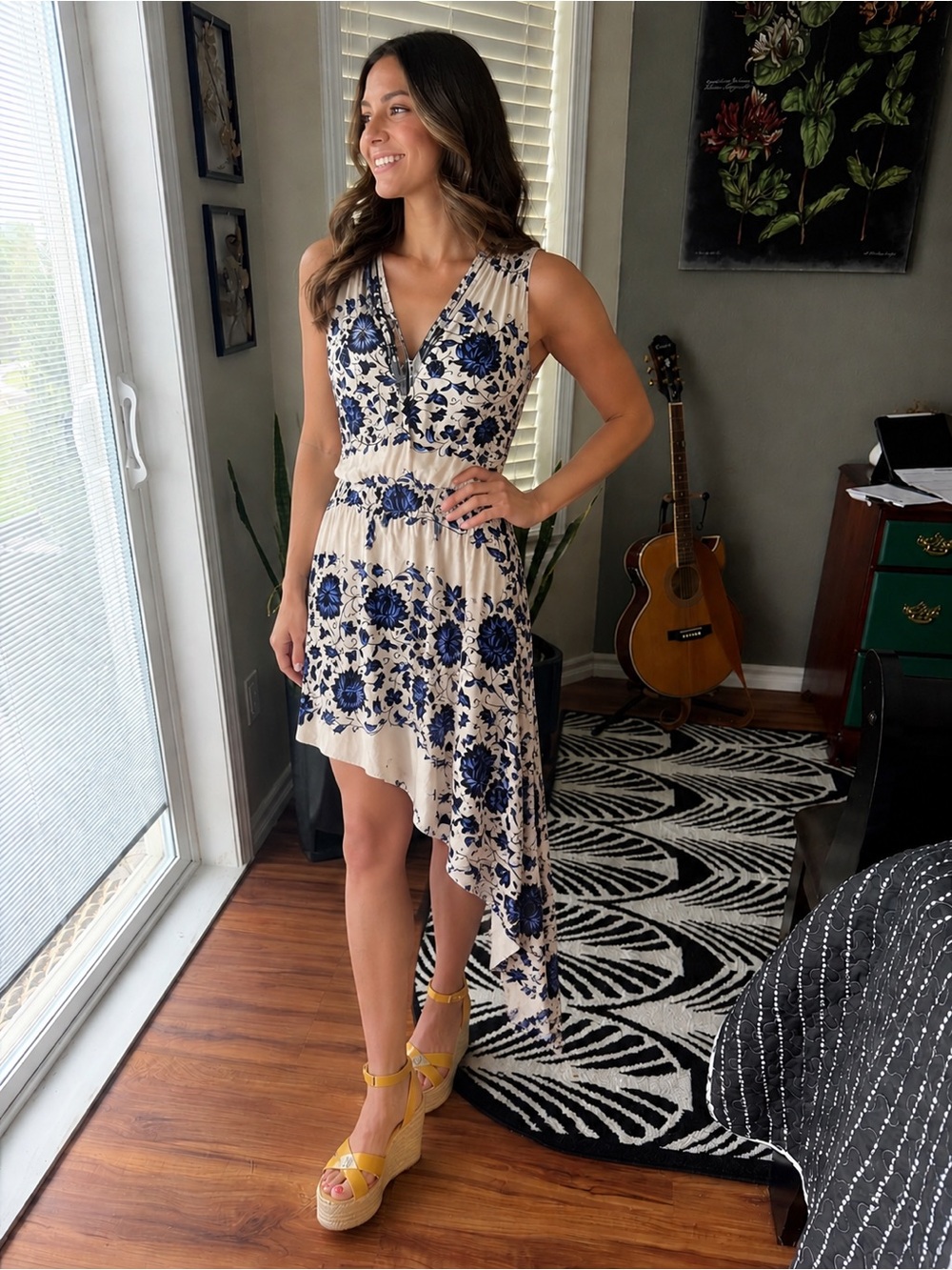 Ella Moss Cream Dress with Blue Floral Print size medium